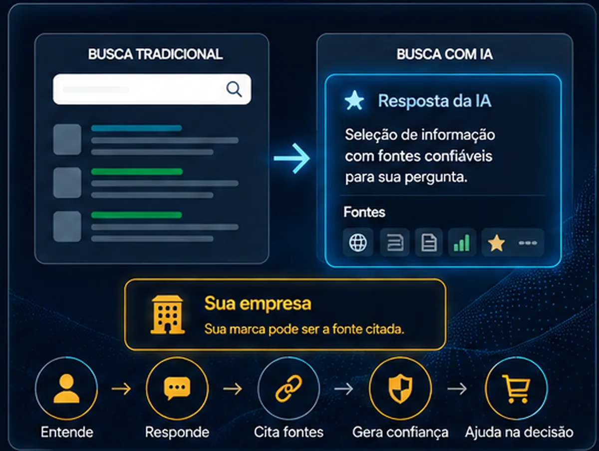 Mapa visual mostrando a evolução da busca tradicional para respostas com inteligência artificial